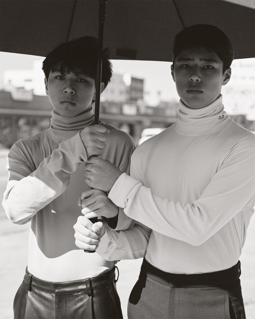 FANTASTIC MAN - Brothers JORDAN and JACOB are back, wearing matching roll-necks and diffferent trousers, all by Solid Homme.